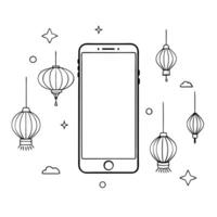 Flat Smartphone with Holographic Mooncake and Lanterns concept as A smartphone on a white background surrounded by holographic mooncakes and lanterns symbolizing Mid Autumn Festiva Cleans Set 2 vector