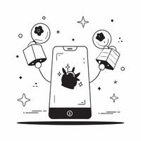 Flat Smartphone with Holographic Mooncake and Lanterns concept as A smartphone on a white background surrounded by holographic mooncakes and lanterns symbolizing Mid Autumn Festiva Cleans Set 3 vector