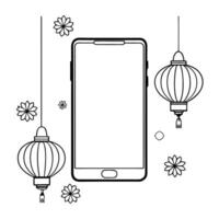 Flat Smartphone with Holographic Mooncake and Lanterns concept as A smartphone on a white background surrounded by holographic mooncakes and lanterns symbolizing Mid Autumn Festiva Cleans vector