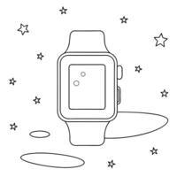 Flat Smartwatch with Holographic Moon and Stars concept as A smartwatch on a glossy white surface with holographic moons and stars floating above it symbolizing the Mid Autumn Fest Cleans vector