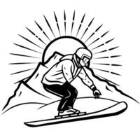 Flat Snowboarder on Glossy Powder Snow in Mountain Range concept as A snowboarder carving through glossy powder snow in a mountain range with the light of the setting sun casting a Cleans Set 2 vector