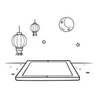 Flat Tablet on Holographic Surface with Lanterns and Moon concept as A tablet lies on a glossy holographic surface with floating lanterns and a moon above representing the Mid Autu Cleans Set 2 vector
