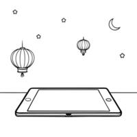 Flat Tablet on Holographic Surface with Lanterns and Moon concept as A tablet lies on a glossy holographic surface with floating lanterns and a moon above representing the Mid Autu Cleans vector