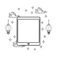 Flat Tablet with Holographic Dragon and Lanterns concept as A tablet on a white background with holographic dragons and lanterns surrounding it symbolizing the Mid Autumn Festival Cleans Set 2 vector