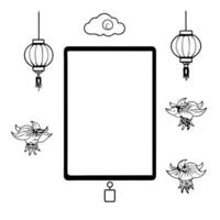 Flat Tablet with Holographic Dragon and Lanterns concept as A tablet on a white background with holographic dragons and lanterns surrounding it symbolizing the Mid Autumn Festival Cleans vector