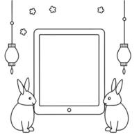 Flat Tablet with Holographic Rabbits and Lanterns concept as A tablet on a white background with holographic rabbits and lanterns around it representing Mid Autumn Festival symbols Cleans vector