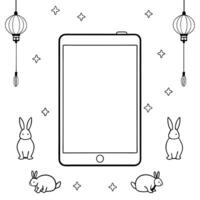 Flat Tablet with Holographic Rabbits and Lanterns concept as A tablet on a white background with holographic rabbits and lanterns around it representing Mid Autumn Festival symbols Cleans Set 2 vector