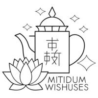 Flat Teapot and Lotus with Mid Autumn Wishes concept as A illustration of a traditional teapot and lotus flower with Mid Autumn Wishes wording below isolated on a white back Cleans Set 2 vector