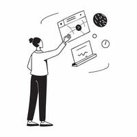 Flat Technologist reviewing holographic interface in an office setting concept as A candid shot of a technologist reviewing a floating holographic interface in a modern office The Cleans vector
