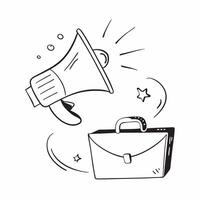 Floating briefcase and megaphone with Marketing Strategy text concept as A dynamic illustration featuring a floating briefcase and megaphone with the text Marketing Strategy Cleans vector