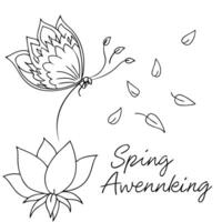 Floating Butterfly and Flower Petal with Spring Awakening Text concept as A butterfly and flower petal floating together in mid air with Spring Awakening text at the bottom The el Cleans vector