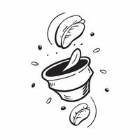 Floating coffee cup with beans forming a spiral with Morning Perk text concept as A dynamic featuring a floating coffee cup with beans creating a spiral pattern paired with Cleans vector