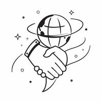 Floating handshake and globe with the word Partnership concept as A design showing a handshake and a globe floating in mid air with the word Partnership prominently displaye Cleans vector