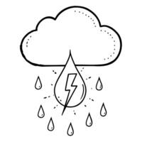 Floating Rain Drop and Thunder Symbol with Stormy Skies Text concept as A rain drop and thunder symbol floating together in mid air with Stormy Skies text subtly included at the bo Cleans vector