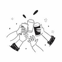 Friends toasting with beer mugs at a lively bar concept as A lively and candid shot of friends toasting with beer mugs at a bustling bar The camera captures the energy laughter an Cleans vector