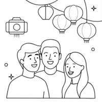 Friends Taking a Selfie with Lanterns at Mid Autumn Festival concept as A candid shot of friends taking a selfie together with glowing lanterns in the background during the Mid Aut Cleans Set 2 vector