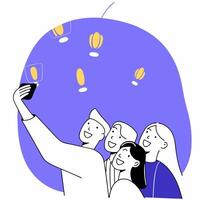 Friends Taking a Selfie with Lanterns at Mid Autumn Festival concept as A candid shot of friends taking a selfie together with glowing lanterns in the background during the Mid Aut Cleans Set 3 vector