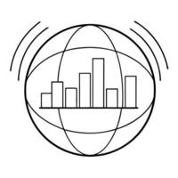 Globe icon with floating bar charts concept as A globe icon with bar charts floating around it isolated on a white background The design symbolizes global data analytics with the Cleans vector