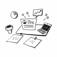 Glossy conference room table with marketing reports and a laptop concept as A high angle shot of a glossy conference room table with marketing reports and a sleek laptop placed on Cleans vector