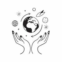 Glossy earth and hands with holographic protection symbols and climate action text concept as A sleek image featuring a glossy earth held by hands with floating holographic symbols Cleans vector
