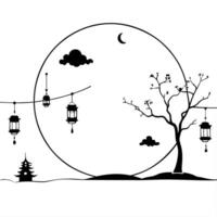 Glossy Full Moon with Silhouettes for Mid Autumn Festival concept as A glossy background featuring the full moon with silhouettes of trees and lanterns creating a mystical and refl Cleans vector