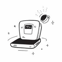 Glossy laptop with holographic coffee cup floating above isolated with copy space concept as A glossy laptop sits open on a white surface with a holographic coffee cup icon floatin Cleans vector