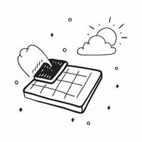 Glossy solar panel and cloud with holographic sunlight data and emission levels concept as A high angle shot of a glossy solar panel with a cloud hovering above accompanied by floa Cleans vector