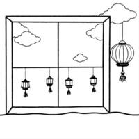 Glossy Window View of Mid Autumn Festival Celebration concept as A glossy window view overlooking a Mid Autumn Festival celebration with lanterns and decorations visible through th Cleans vector