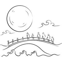 Glowing Abstract Bridge Crossing concept as A glowing abstract depiction of people crossing a bridge under the full moon during the Mid Autumn Festival with luminous waves and swir Cleans vector