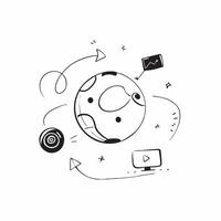 Glowing abstract globe with marketing icons orbiting around concept as A visually captivating image of a glowing abstract globe with marketing icons orbiting around it The camera Cleans vector