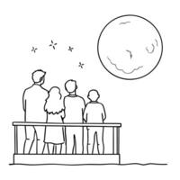 Glowing Abstract Moon Viewing concept as A digital art piece showing a family viewing the glowing full moon from a balcony surrounded by abstract luminous shapes Camera angle side Cleans vector
