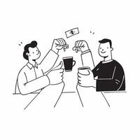 Group of colleagues toasting with coffee mugs during a team lunch concept as A candid shot capturing a group of colleagues toasting with coffee mugs during a team lunch The camera Cleans vector