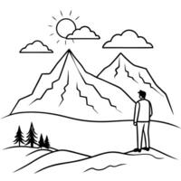Hiker Admiring Glossy Mountain Peaks at Sunrise concept as A hiker standing at the edge of a cliff overlooking glossy mountain peaks bathed in the warm glow of sunrise The scene c Cleans vector