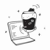 Holographic beer mug floating above a glossy laptop on a white background concept as A glossy laptop sits open on a white background with a holographic beer mug icon floating above Cleans vector