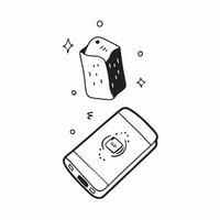 Holographic soda can floating beside a glossy smartphone isolated on white concept as A glossy smartphone lies on a white surface with a holographic soda can icon hovering beside i Cleans vector