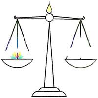 Holographic scale with Labh Pancham symbol and copy space concept as A holographic scale with the Labh Pancham symbol glowing softly on the scales pan isolated on a white backgroun Cleans vector