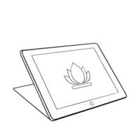 Holographic tablet with Labh Pancham symbol and copy space concept as A futuristic holographic tablet with the Labh Pancham symbol glowing on the screen floating above a white back Cleans vector