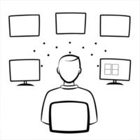 IT specialist monitoring glossy network data concept as An IT specialist is seated in a darkened control room monitoring glossy network data displayed on multiple screens The back Cleans vector