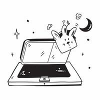 Laptop on Holographic Surface with Rabbits and Moon concept as A laptop on a glossy holographic surface with floating holographic rabbits and a moon above symbolizing the Mid Autum Cleans Set 3 vector