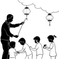 Lantern Making in Abstract Glow concept as A scene of children and adults crafting glowing lanterns with abstract light trails surrounding them symbolizing creativity and tradition Cleans vector