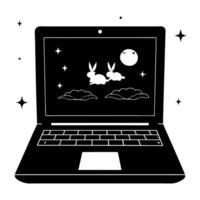 Laptop on Holographic Surface with Rabbits and Moon concept as A laptop on a glossy holographic surface with floating holographic rabbits and a moon above symbolizing the Mid Autum Cleans Set 2 vector