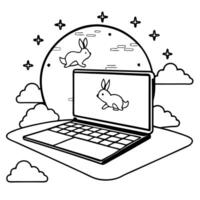 Laptop on Holographic Surface with Rabbits and Moon concept as A laptop on a glossy holographic surface with floating holographic rabbits and a moon above symbolizing the Mid Autum Cleans vector