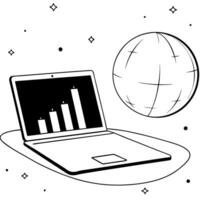 Laptop with holographic globe and bar chart concept as A laptop on a clean white surface shows a holographic globe with a floating bar chart rising beside it The scene suggests gl Cleans vector