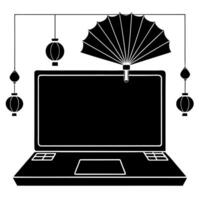Laptop with Holographic Fan and Lanterns concept as A laptop on a white background with holographic fans and lanterns hovering above symbolizing Mid Autumn Festival symbols Camera Cleans Set 2 vector