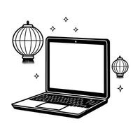 Laptop with Mooncake and Holographic Decorations concept as A sleek laptop open on a white surface with a holographic mooncake and glowing festival decorations around Camera angle Cleans vector