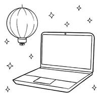 Laptop with Mooncake and Holographic Decorations concept as A sleek laptop open on a white surface with a holographic mooncake and glowing festival decorations around Camera angle Cleans Set 2 vector