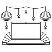 Laptop with Holographic Fan and Lanterns concept as A laptop on a white background with holographic fans and lanterns hovering above symbolizing Mid Autumn Festival symbols Camera Cleans vector