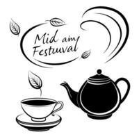 Levitating Teapot and Cup with Mid Autumn Festival Text concept as A traditional teapot and cup levitating above a white background with Mid Autumn Festival text creating a magical Cleans vector
