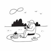 Man enjoying a cold drink while fishing at a peaceful lake concept as A candid shot of a man sitting by a peaceful lake enjoying a cold drink while fishing The camera captures the Cleans vector