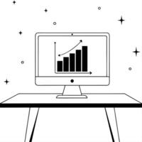 Monitor with holographic column chart and dollar sign concept as A monitor on a white desk shows a holographic column chart with a floating dollar sign representing financial data Cleans vector